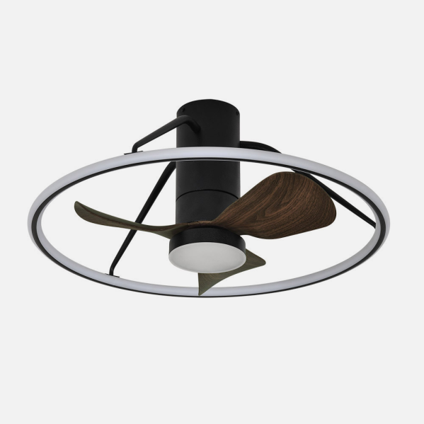 Ventilador de techo LED Oporto 46W en negro y marrón de Abrila, con 6 velocidades, motor DC eficiente, LED integrado, control por app AI2 y diseño para interiores domésticos.