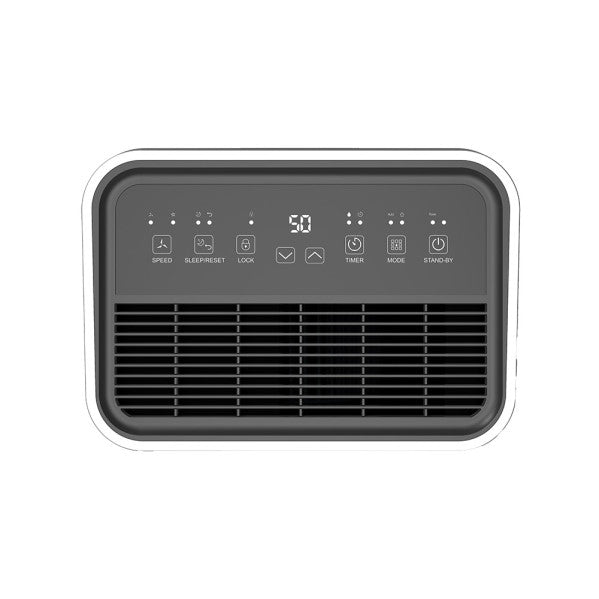 Deshumidificador portátil Misty de Abrila con capacidad de 25L/día, diseño blanco y negro, ideal para uso doméstico interior, con filtro antipolvo, función anti moho y secado de ropa eficiente.