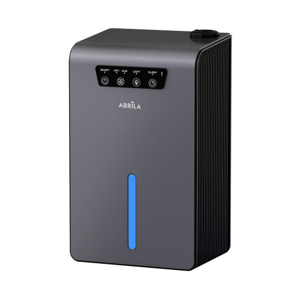 Deshumidificador humidificador Kendra gris de 70W Abrila modelo 247641028, con control táctil, luz RGB, función antihielo y calefacción para uso doméstico interior.