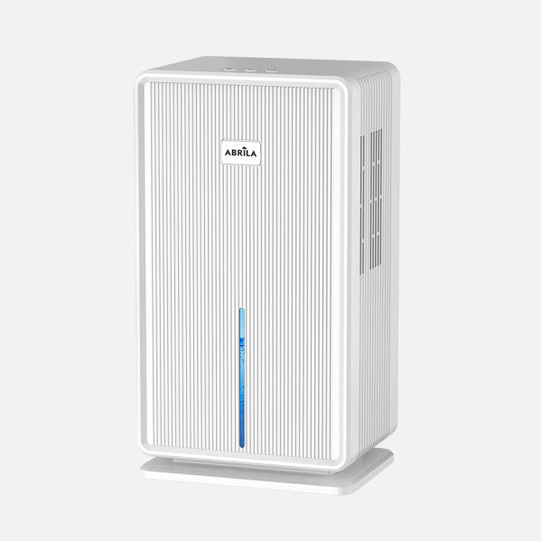 Deshumidificador Ondine blanco de Abrila, modelo 60W portátil para control de humedad en el hogar, con luz RGB y diseño interior doméstico.