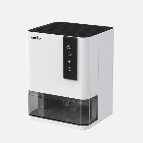 Deshumidificador Eyre blanco y negro de 77W por Abrila, modelo 248141026 con depósito de 1L, ideal para uso doméstico interior, con funciones antihielo y calefacción AI2.