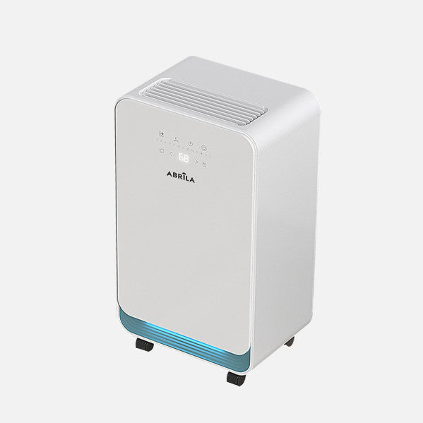 Deshumidificador Delmar 270W blanco de 2L capacidad, modelo portátil Abrila AI2 con filtro antipolvo para uso doméstico, ideal para secado de ropa y control de humedad en interiores.