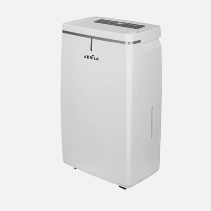 Deshumidificador Mieke 320W blanco portátil de Abrila con filtro antipolvo, ideal para uso doméstico, control de humedad y secado de ropa eficiente.