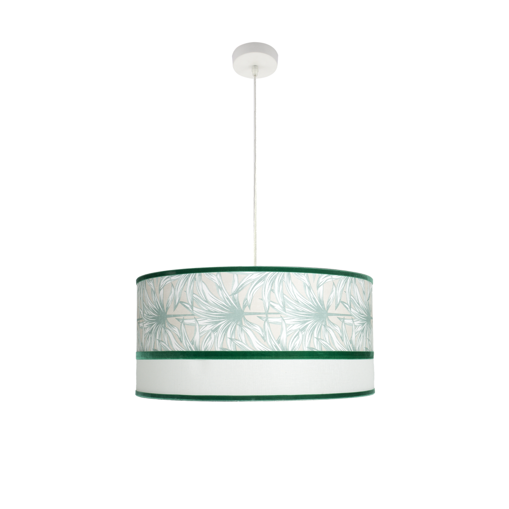Colgante CALEDONIA Fabrilamp en blanco y verde, con 3xE27, diseño moderno y textil para iluminación, decoración y comedor interior.