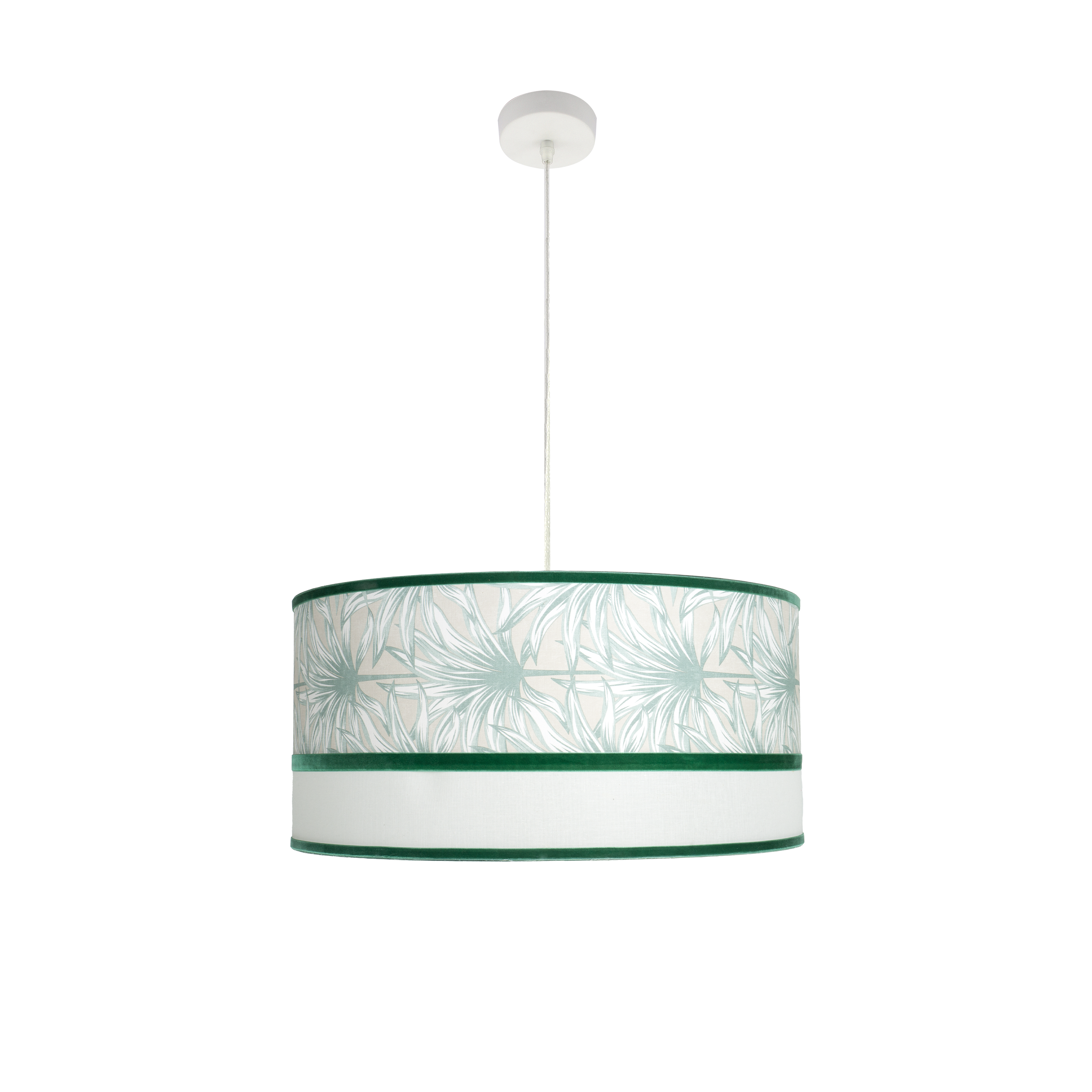 Colgante CALEDONIA 3xE27 en blanco y verde de Fabrilamp, iluminación moderna para comedor e interiores.