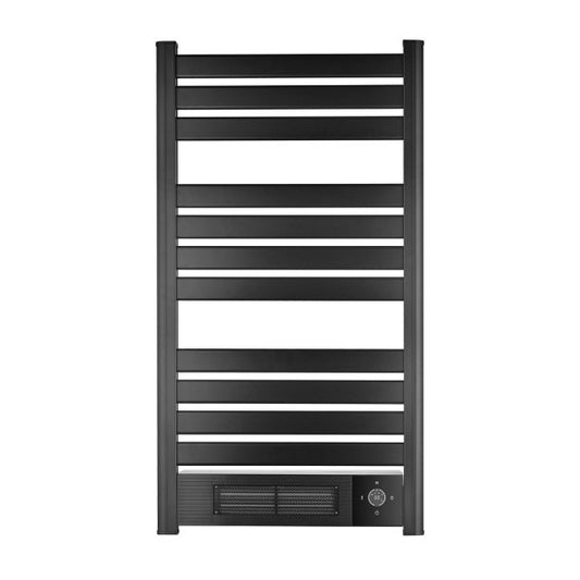 Toallero eléctrico Velez negro de 2000W modelo 251422009 de Abrila, calefactor cerámico AI2 para baño doméstico con protección IPX4 impermeable, diseño elegante en color negro para calefacción eficiente de toallas.