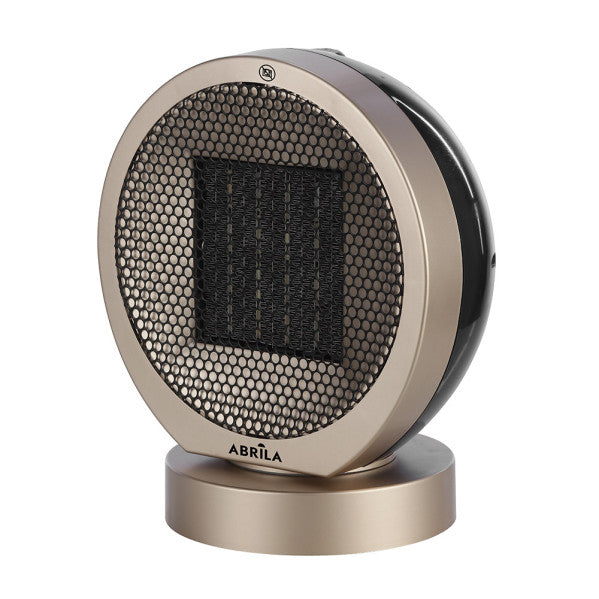 Termoventilador cerámico Pomelo 2000W negro y oro de Abrila, modelo 251722075 con tecnología PTC oscilante para calefacción eficiente y ahorro de energía en interiores domésticos.