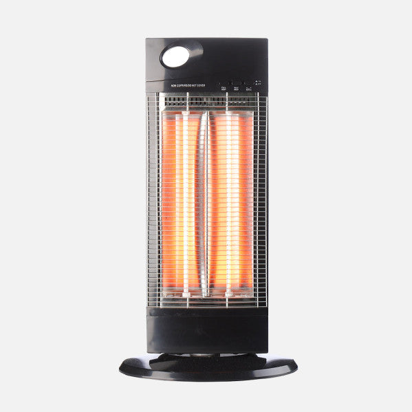 Estufa eléctrica Tipuana de 1000W en color negro, modelo oscilante y portátil de Abrila, con protección antivuelco y emisión de calor por carbono para calefacción doméstica en interiores.