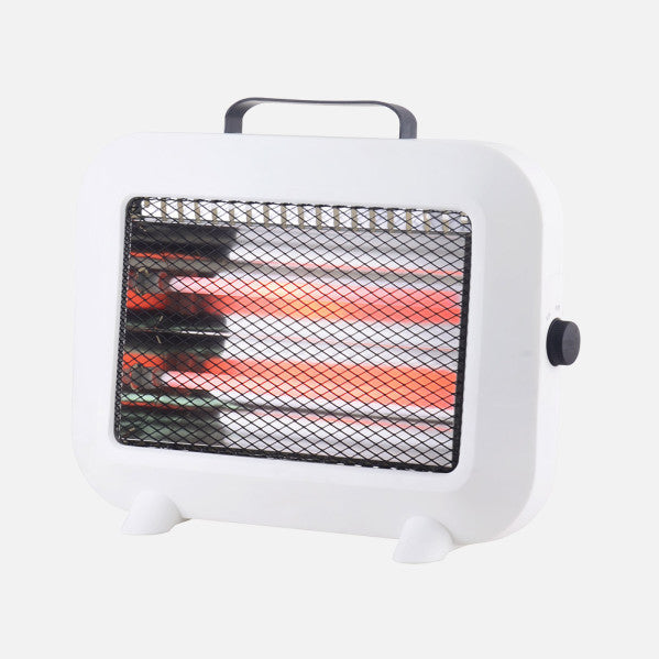 Estufa eléctrica de cuarzo Zorita 800W en color blanco de Abrila, modelo portátil y seguro con función antivuelco para calefacción doméstica interior.