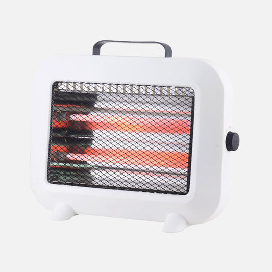 Estufa eléctrica de cuarzo Zorita 800W en color blanco de Abrila, modelo portátil y seguro con función antivuelco para calefacción doméstica interior.