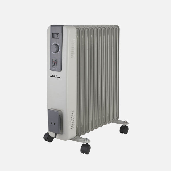 Radiador de aceite Acebuche 2500W gris portátil Abrila modelo 256032528 con seguridad antivuelco, ideal para calefacción doméstica eficiente y segura.