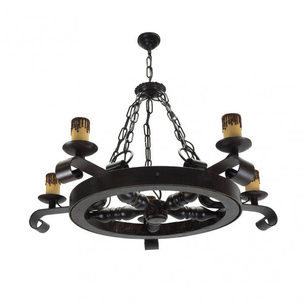 Lámpara rústica de rueda de carro con 5 luces E27 en marrón, diseño campestre de metal y resina por Abrila (92.527/5), ideal para decoración interior y iluminación doméstica LED compatible.