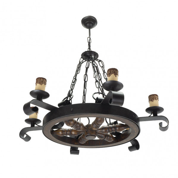 Lámpara rústica de rueda marrón Abrila 92.527/6 con 6 luces E27, diseño en metal y resina para decoración interior de casa de campo o restaurante