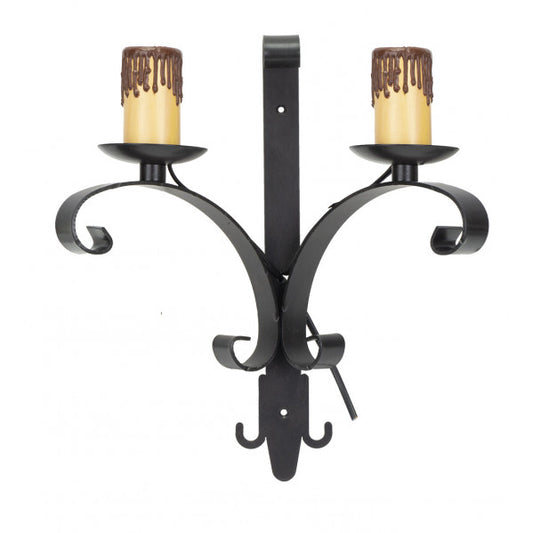 Aplique rústico de pared Abrila RUEDA 2xE27 en marrón, medidas 35x32x18 cm, ideal para iluminación rústica en casa de campo, decoración interior y restaurantes, fabricado en metal y policarbonato.