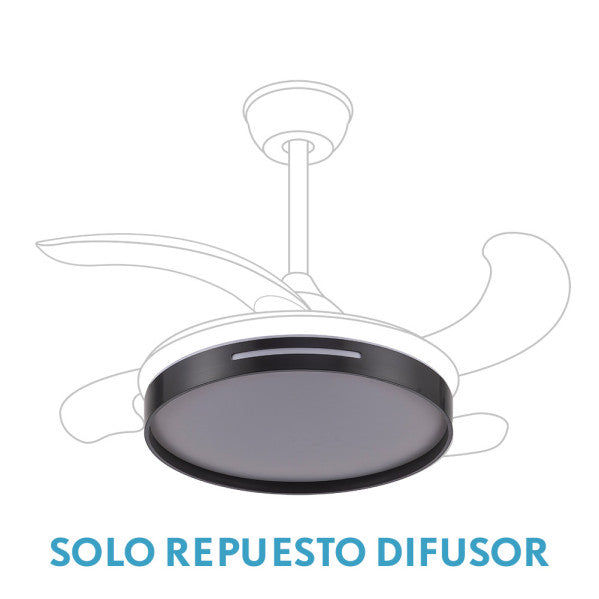 Difusor repuesto para ventilador MBATIS en color negro, modelo 99.DIF-MBATIS-NEGR de la marca Abrila. Fabricado en policarbonato, ideal para el mantenimiento y reposición de accesorios de ventiladores en el hogar. Compatible con la serie AI2.