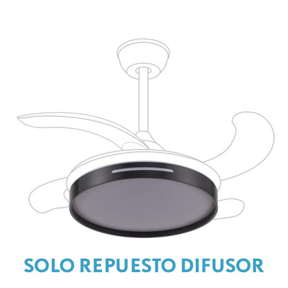Difusor repuesto para ventilador MBATIS en color negro, modelo 99.DIF-MBATIS-NEGR de la marca Abrila. Fabricado en policarbonato, ideal para el mantenimiento y reposición de accesorios de ventiladores en el hogar. Compatible con la serie AI2.