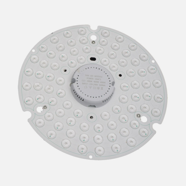 Alt: Kit LED Ventilador Hayate 48W Blanco en metal y policarbonato de Abrila, ideal para iluminación interior doméstica. Con LED integrado y diseño moderno, perfecto para accesorios de ventiladores y mejores resultados en eficiencia.