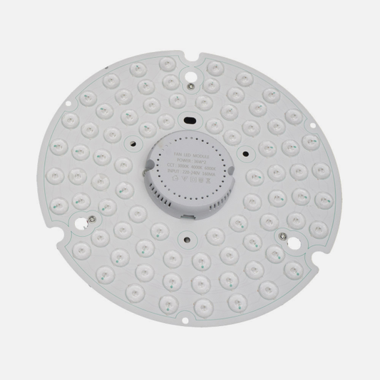 Alt: Kit LED Ventilador Hayate 48W Blanco en metal y policarbonato de Abrila, ideal para iluminación interior doméstica. Con LED integrado y diseño moderno, perfecto para accesorios de ventiladores y mejores resultados en eficiencia.
