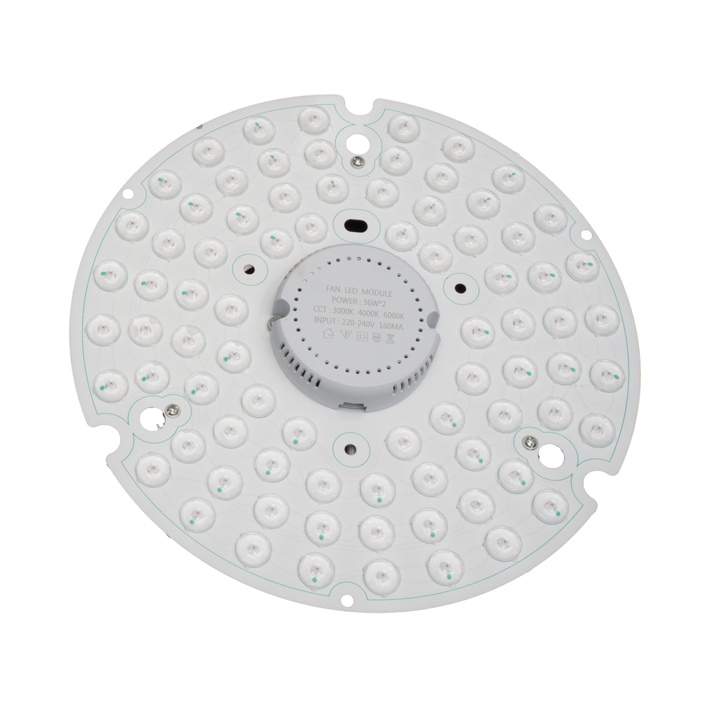 ```alt=Kit LED Ventilador Hayate 48W Blanco de Abrila. Accesorio para ventiladores, iluminación LED integrada, ideal para áreas domésticas interiores. Fabricado en metal y policarbonato.```