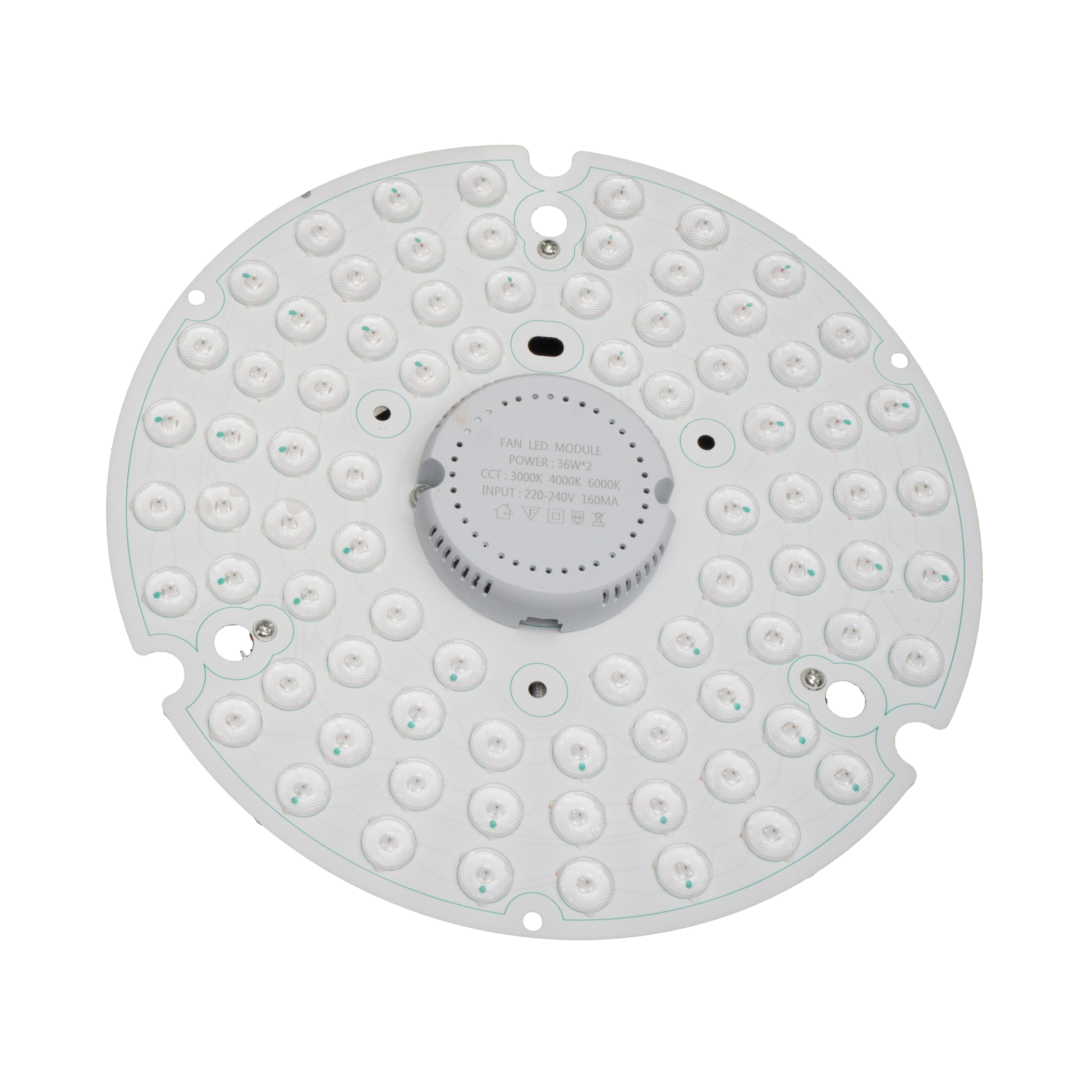 ```alt=Kit LED Ventilador Hayate 48W Blanco de Abrila. Accesorio para ventiladores, iluminación LED integrada, ideal para áreas domésticas interiores. Fabricado en metal y policarbonato.```