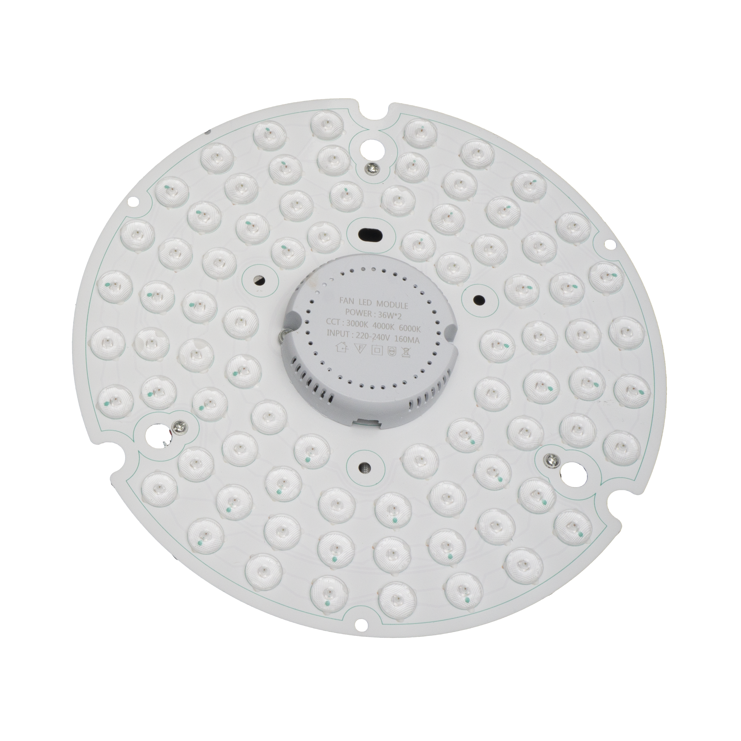 ```alt=Kit LED Ventilador Hayate 48W Blanco de Abrila. Accesorio para ventiladores, iluminación LED integrada, ideal para áreas domésticas interiores. Fabricado en metal y policarbonato.```