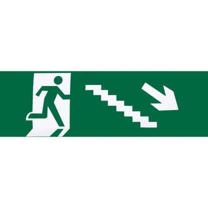 Adhesivo de Salida de Emergencia para Escalera Derecha – Fabrilamp A124SAL-ESC-DE-BAJ, color Blanco/Verde, policarbonato, señalización de seguridad para uso doméstico.