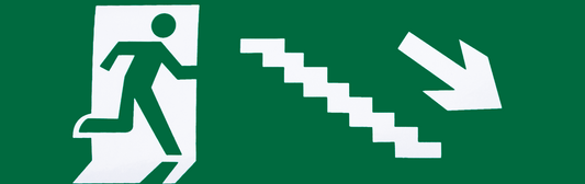 Adhesivo de salida de emergencia para escalera derecha (Fabrilamp A124SAL-ESC-DE-BAJ), color blanco/verde, señalización de seguridad para interiores, material policarbonato.