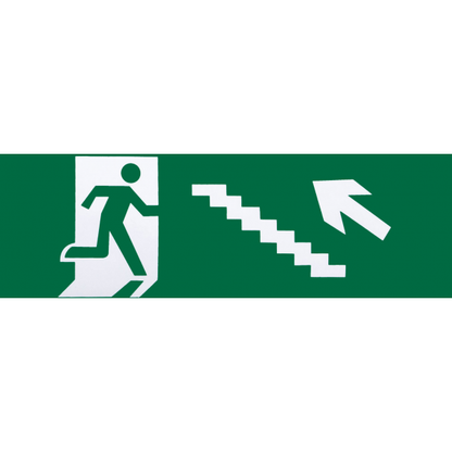 Adhesivo de salida de emergencia para escalera izquierda (6,5x20 cm), color blanco/verde, Fabrilamp — señalización de seguridad e iluminación técnica.
