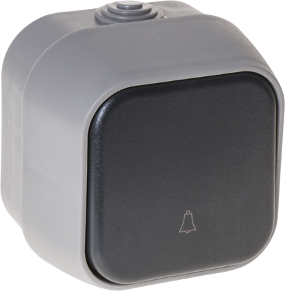 Pulsador timbre Bert gris 7x7x5 cm, modelo MEH2-B111M, Fabrilamp / Abrila, para exterior, policarbonato, ferretería, hogar.