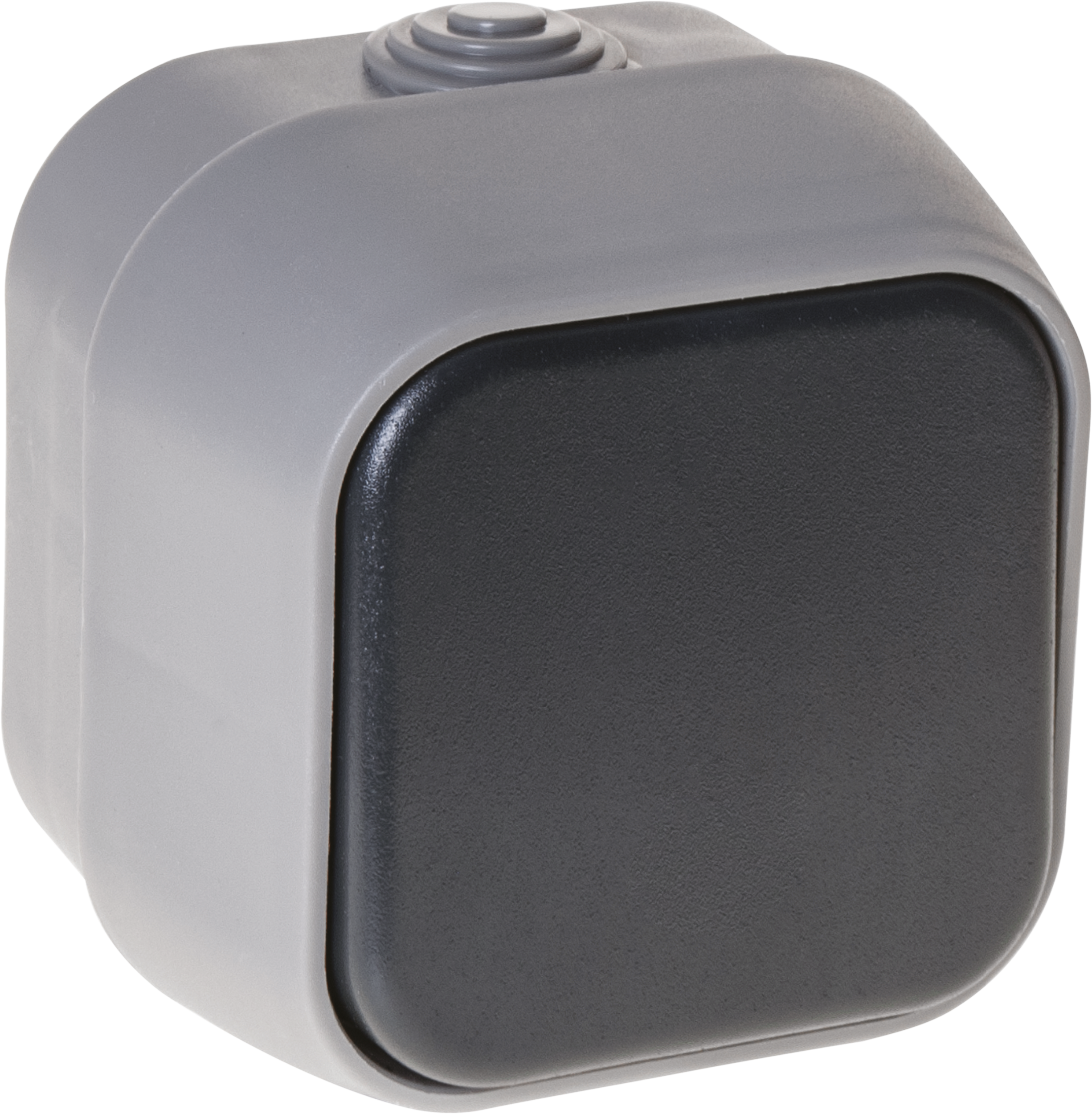 Conmutador Bert 1 tecla gris, modelo MEH2-B120M, Fabrilamp; para ferretería, uso doméstico y exterior, IP54, material eléctrico.