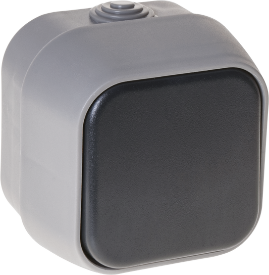 Conmutador Bert 1 tecla gris, modelo MEH2-B120M, Fabrilamp; para ferretería, uso doméstico y exterior, IP54, material eléctrico.