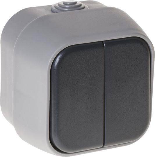 Interruptor doble Bert IP54 gris de policarbonato para exterior, modelo MEH2-B210M de Fabrilamp/Abrila.