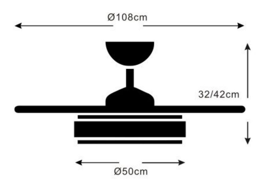 Medidas Ventilador de techo Isabella-L de PB Lighting (Ø108cm) Cromo Mate, con luz LED CCT de 8000lm, app Fan Lamp Pro y mando - Ref PB80412.

