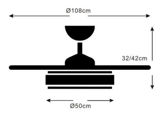 Medidas Ventilador de techo Isabella-L de PB Lighting (Ø108cm) Cromo Mate, con luz LED CCT de 8000lm, app Fan Lamp Pro y mando - Ref PB80412.

