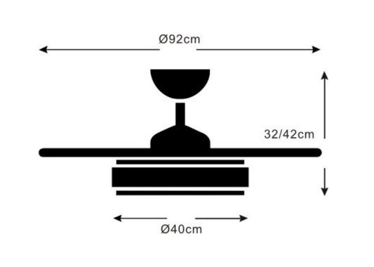 Medidas Ventilador de techo Isabella-S de PB Lighting (Ø92cm) Cromo Mate, con luz LED CCT, app Fan Lamp Pro y mando - Ref PB80312.

