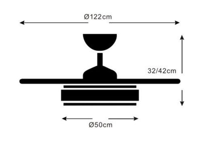 Medidas Ventilador de techo Isabella-XL de PB Lighting (Ø122cm) Cromo Mate, con luz LED CCT 8000lm, app Fan Lamp Pro y mando - Ref PB90412.


