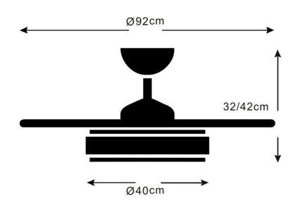Medidas, Ventilador Retráctil con Luz Agata S de Pb Lighting (Agata S) en color Blanco, 92cm aspas abiertas, luz LED 72W CCT - Ref PB60311.

