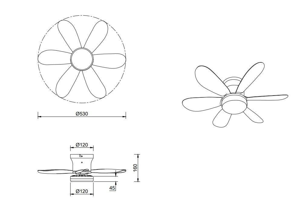 Medidas del Ventilador de Techo LUND de Trio Lighting (Lund (Blanco)) en color Blanco Mate con seis aspas y luz central, vista frontal - Ref R67462131