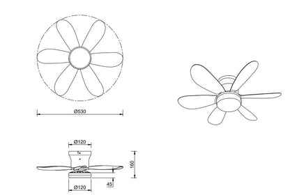 Medidas del Ventilador de Techo LUND de Trio Lighting (Lund (Blanco)) en color Blanco Mate con seis aspas y luz central, vista frontal - Ref R67462131
