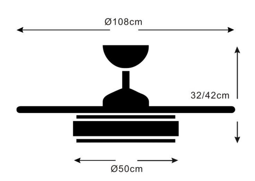 Medidas de Ventilador de techo con luz LED AGATA-L de PB Lighting (Colección Agata-L) en color CROMO MATE de Ø108cm con 4 aspas y mando - Ref PB60212.

