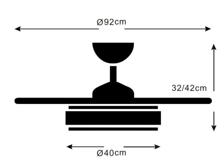 MEDIDAS Ventilador de techo con luz LED DIANA-S de PB Lighting (Colección Diana-S) en color BLANCO de Ø92cm con 4 aspas y mando - Ref PB60511.

