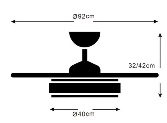 MEDIDAS Ventilador de techo con luz LED DIANA-S de PB Lighting (Colección Diana-S) en color BLANCO de Ø92cm con 4 aspas y mando - Ref PB60511.

