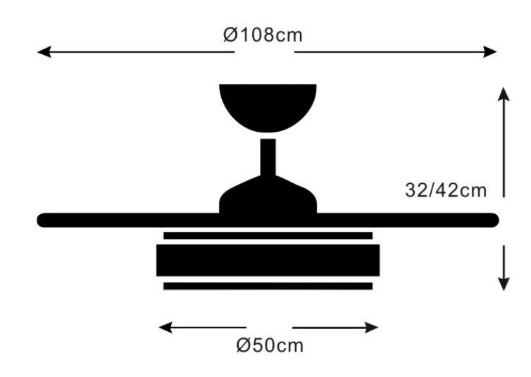 MEDIDAS Ventilador de techo con luz LED DIANA-L de PB Lighting (Colección Diana-L) en color BLANCO de Ø108cm con 4 aspas y mando - Ref PB60611.

