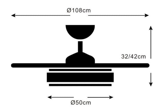 MEDIDAS Ventilador de techo con luz LED DIANA-L de PB Lighting (Colección Diana-L) en color BLANCO de Ø108cm con 4 aspas y mando - Ref PB60611.


