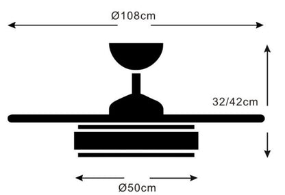 MEDIDAS Ventilador de techo con luz LED ALTHEA-L de PB Lighting (Colección Althea-L) en BLANCO con detalles MADERA, Ø108cm - Ref PB60816.

