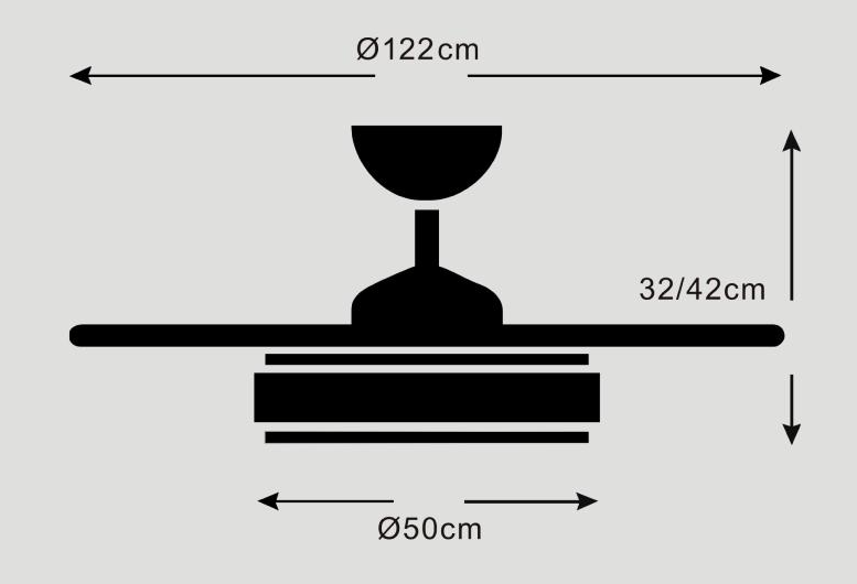Medidas Ventilador de techo Stella-XL de PB Lighting (Ø122cm) Blanco, con luz LED dimable CCT, app LampSmart Pro y mando - Ref PB70611.

