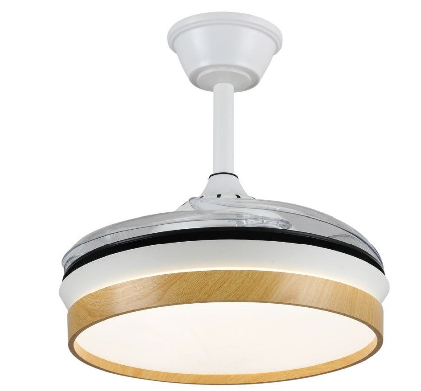 Ventilador de techo Mina-S de PB Lighting (Ø82cm) Blanco con detalles Madera, luz LED CCT, app Fan Lamp Pro y mando - Ref PB80716.

