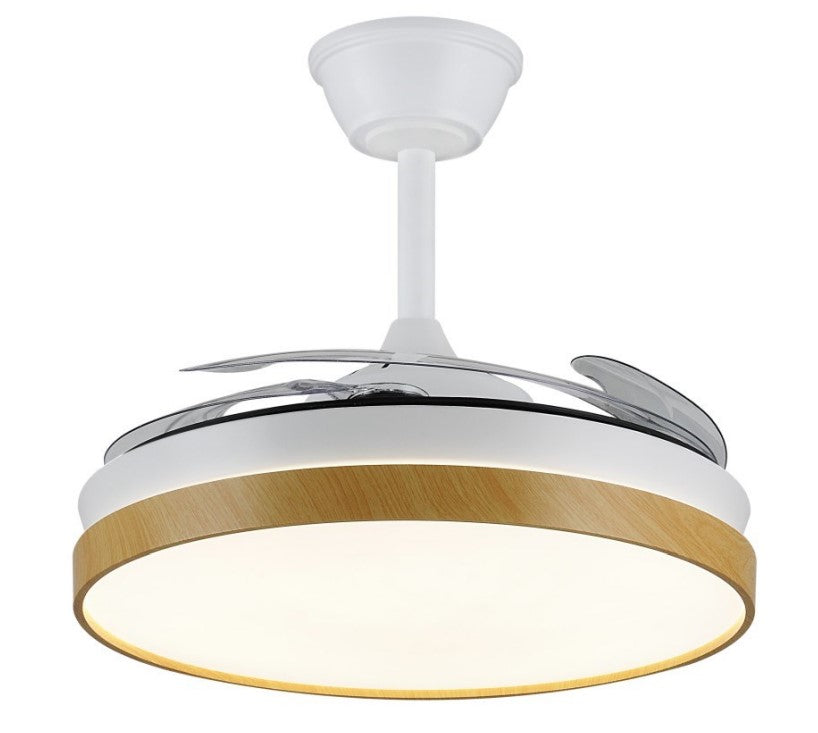 Ventilador de techo Mina-L de PB Lighting (Ø108cm) Blanco con detalles Madera, luz LED CCT 8000lm, app Fan Lamp Pro y mando - Ref PB80816.

