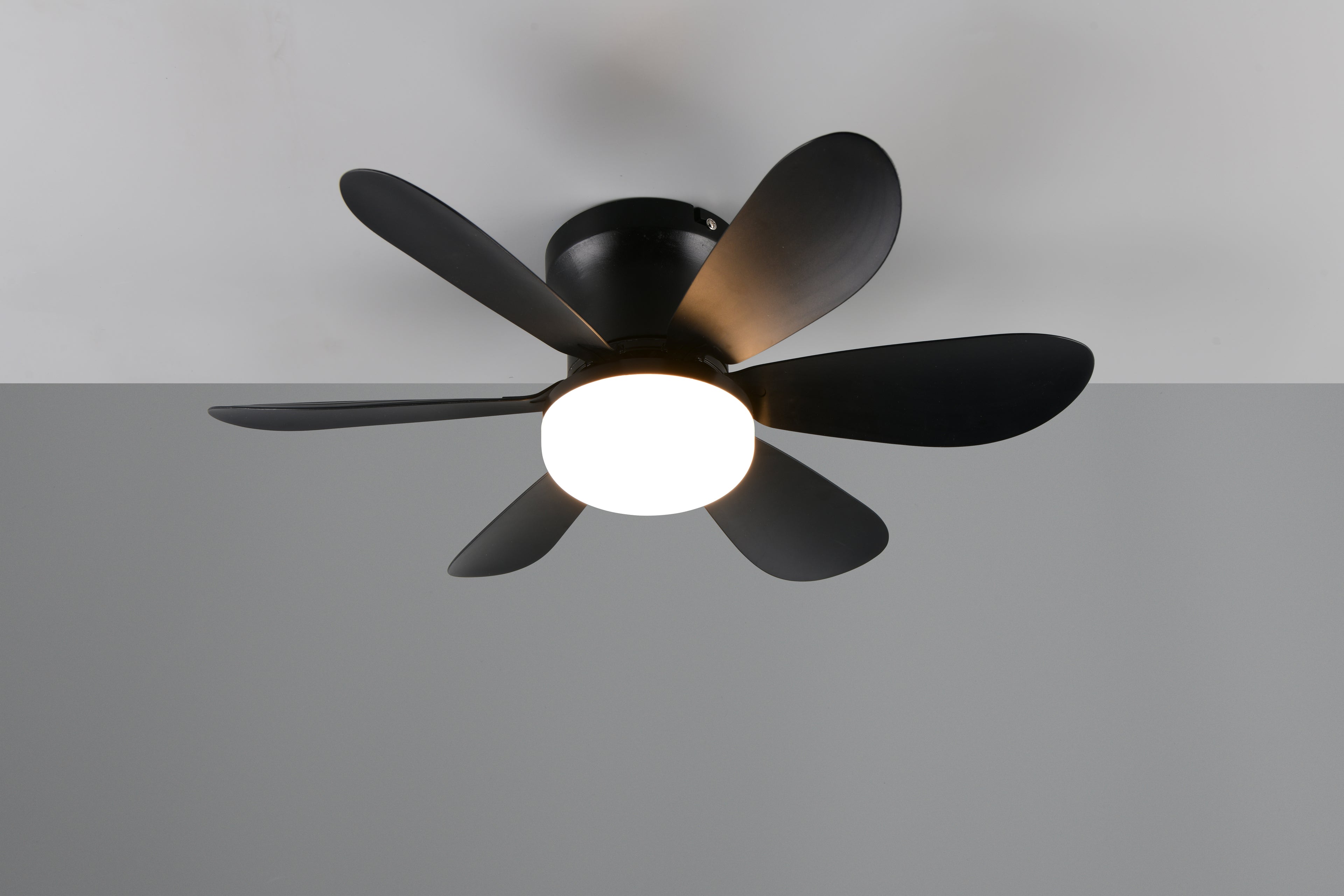 Ventilador de Techo LUND de Trio Lighting (Lund (NEGRO)) en color Negro Mate con seis aspas y luz central, vista frontal - Ref R67462132 luz calida encendida