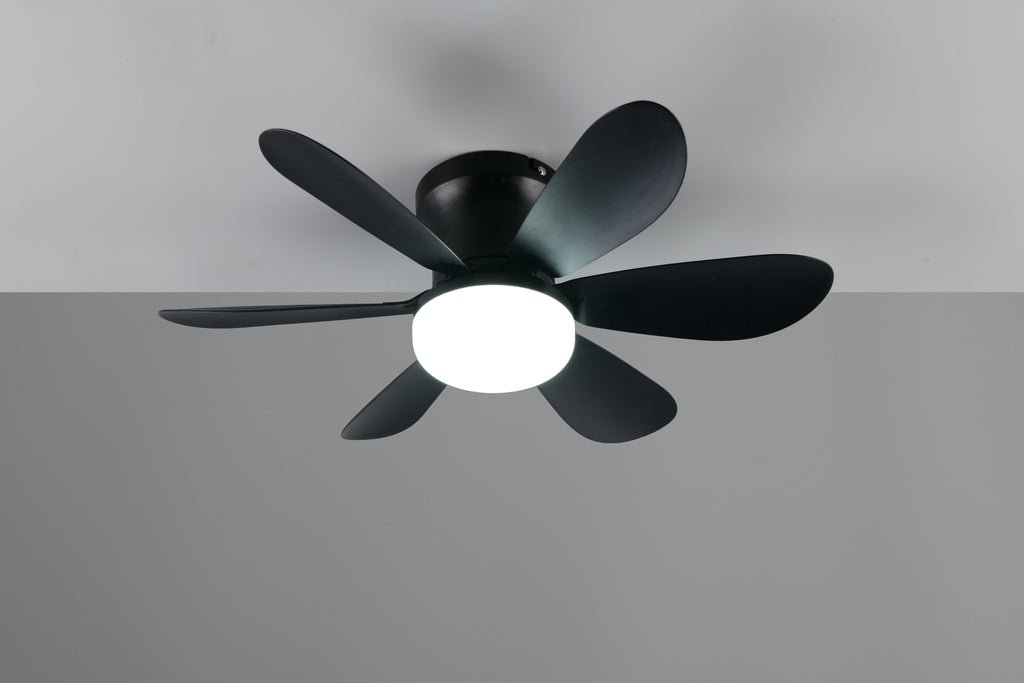 Ventilador de Techo LUND de Trio Lighting (Lund (NEGRO)) en color Negro Mate con seis aspas y luz central, vista frontal - Ref R67462132 luz fria encendida